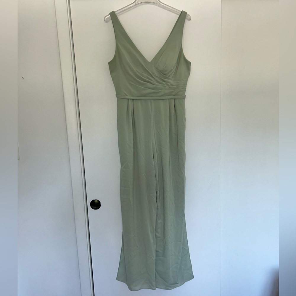 Azazie Ruched Wrap Jumpsuit in Light Sage